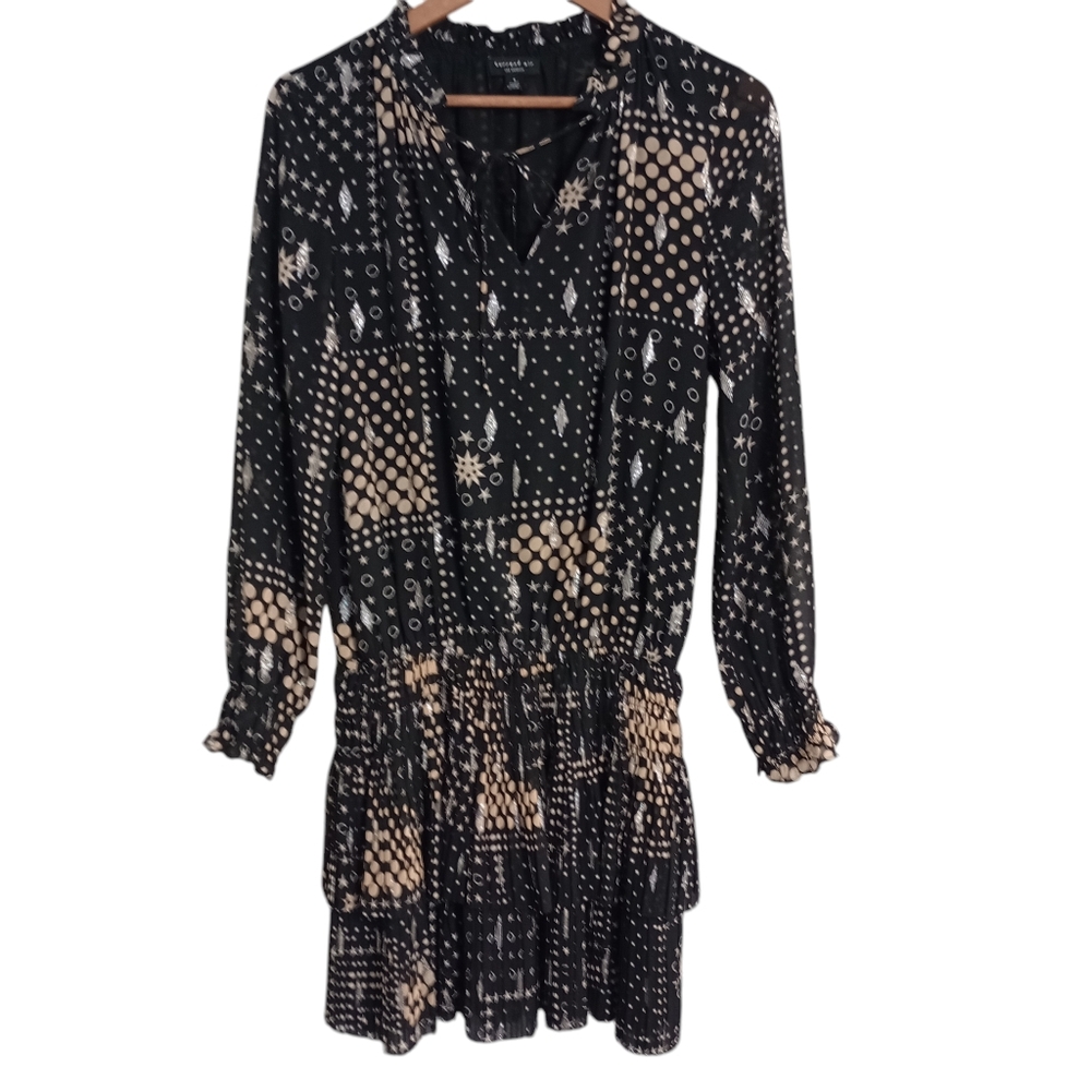 Current air boho metallic celestial star print long sleeve mini dress Witchy